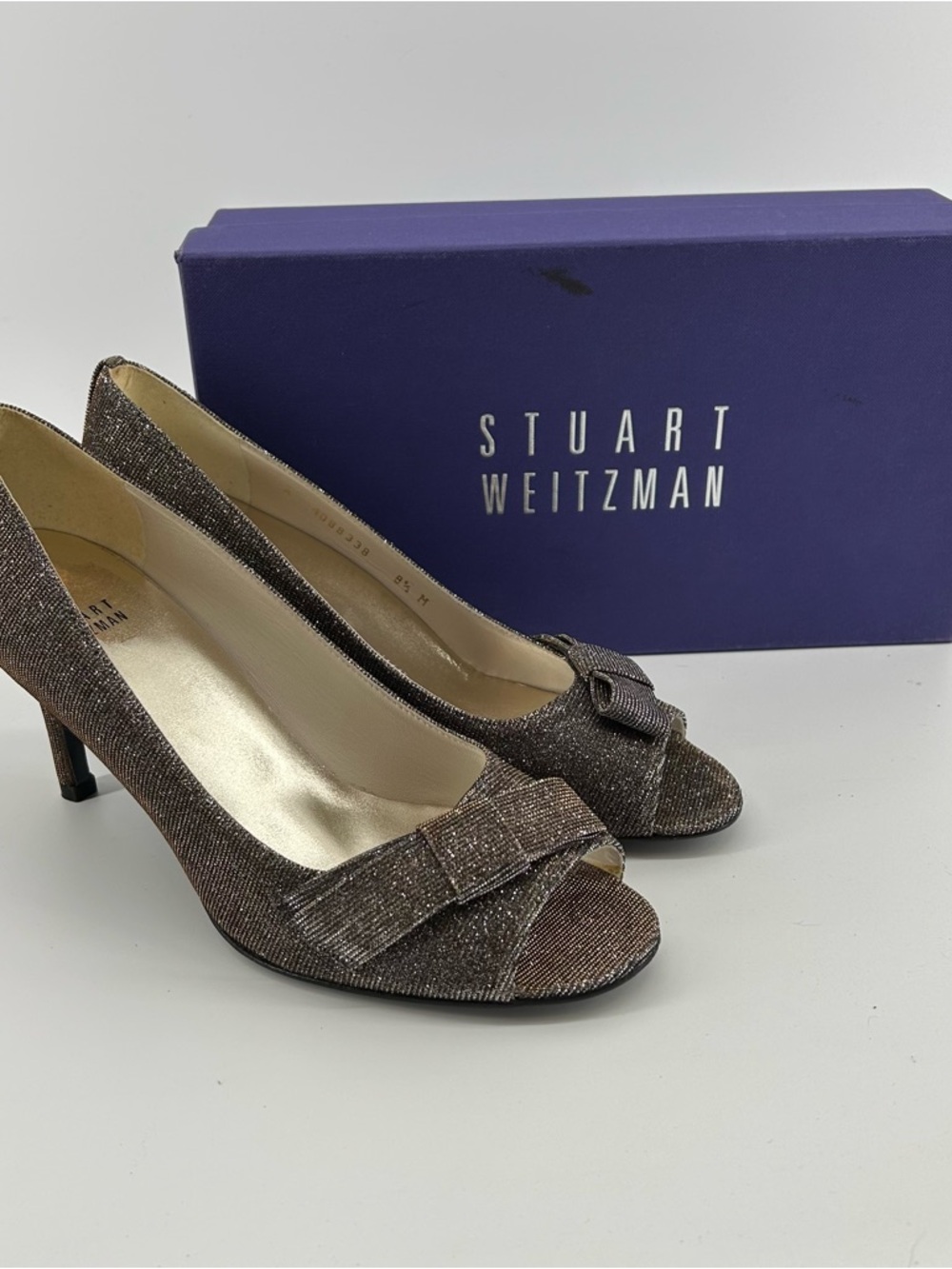 Stuart Weitzman Bowover Sparkly Bronze Peep-Toe Heels